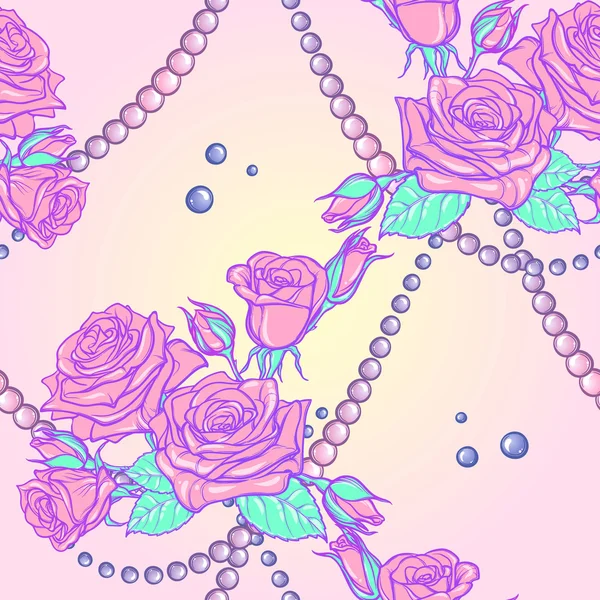 Pastell Goth Rosensträuße und Perlen nahtlose Muster — Stockvektor
