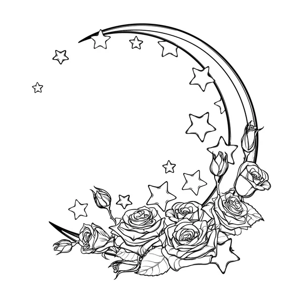 Pastelowe goth półksiężyca z życzeniami gwiazd i róże — Wektor stockowy
