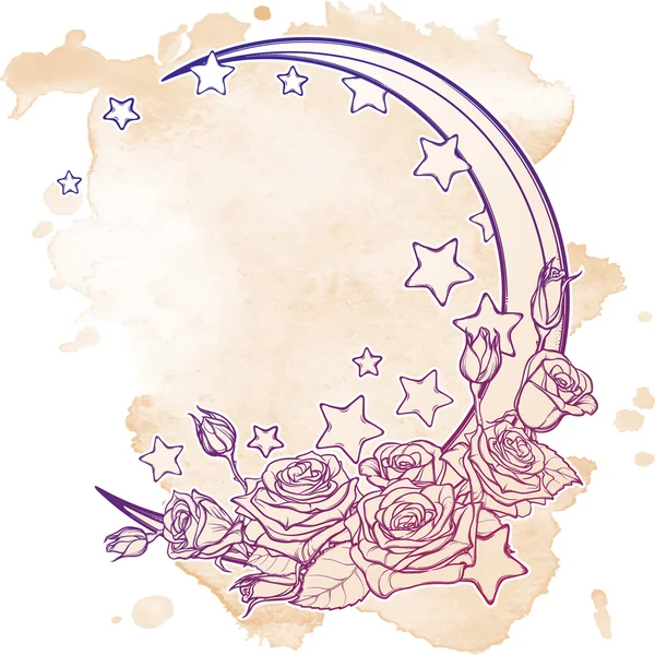 Pastell grüner Halbmond mit Sternen und Rosen als Grußkarte — Stockvektor