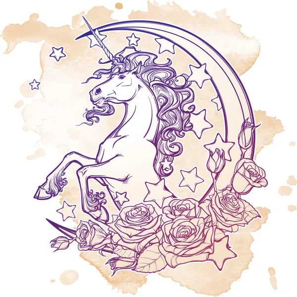 Винтажный единорог со звездами полумесяца и поздравительной открыткой из роз — стоковый вектор
