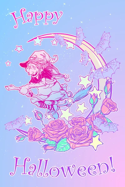 飞行扫帚装饰粉彩哥特背景上的女巫 — 图库矢量图片