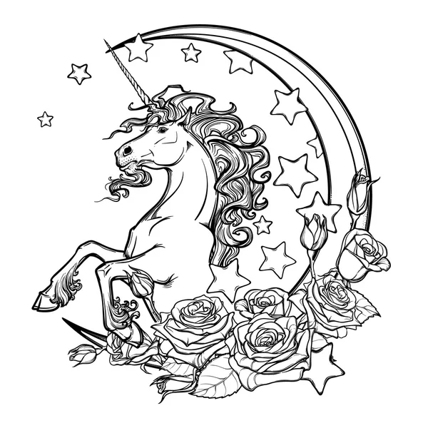 Licorne croquante avec étoiles croissant et roses carte de vœux — Image vectorielle