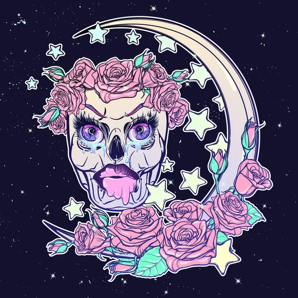 Cráneo gótico pastel con estrellas de media luna y tarjetas de felicitación de rosas — Vector de stock