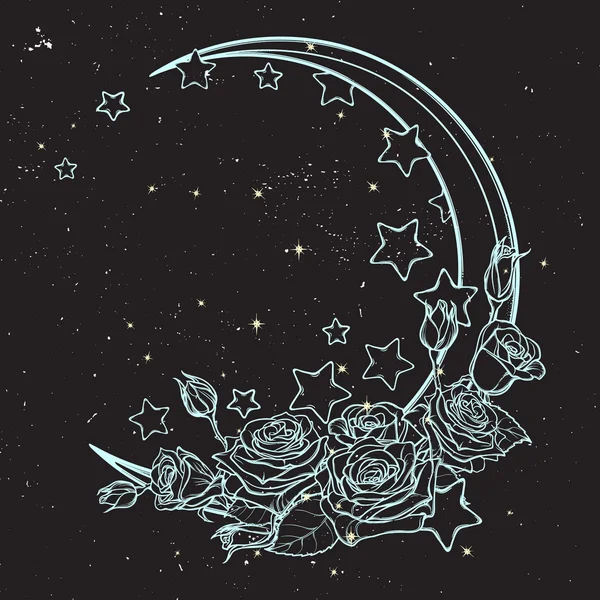 Creciente gótico pastel con tarjeta de felicitación de estrellas y rosas — Vector de stock