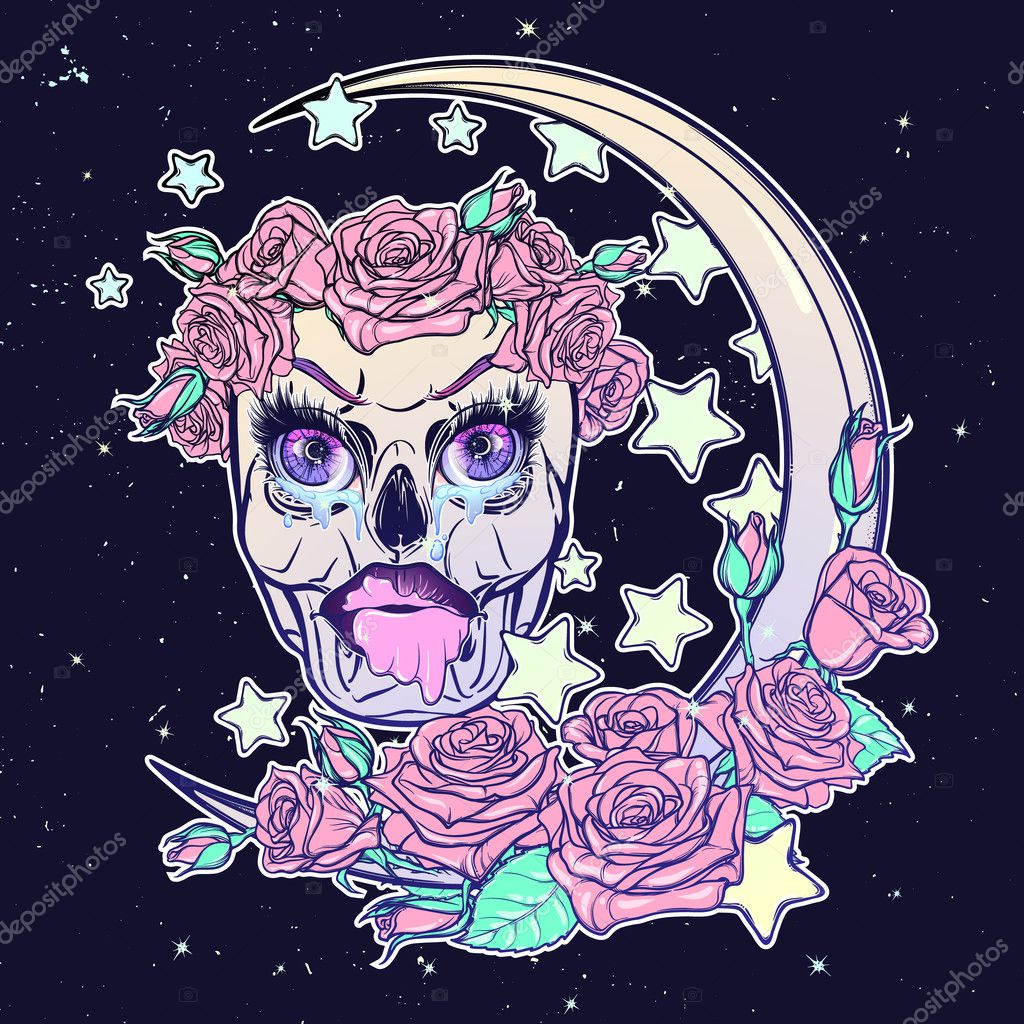 Pastel goth skull with crescent stars and roses greeting
