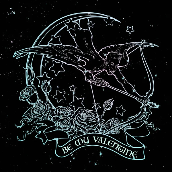 St. valentines cupid flying nighttsky — Stockvektor