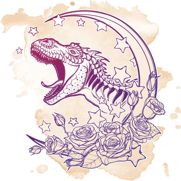 Tiranosaurio rugiendo con luna y rosas marco aislado sobre fondo grunge — Vector de stock