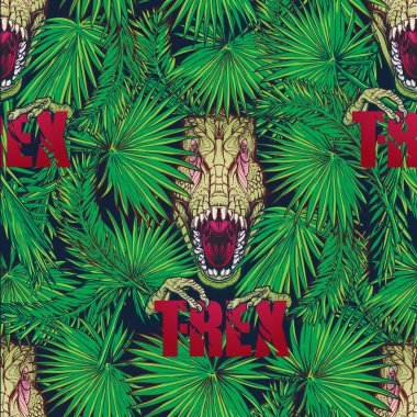 tyrannosaurus roaring head in tropical leaves pattern clipart
