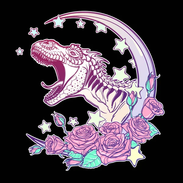 Τυραννόσαυρος βρυχάται με το φεγγάρι και τα τριαντάφυλλα πλαίσιο που απομονώνονται σε μαύρο — Διανυσματικό Αρχείο