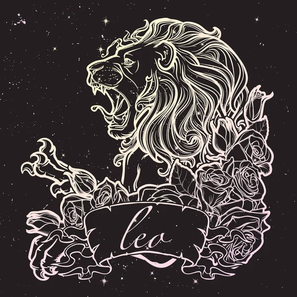 Signo del zodíaco de Leo con un marco decorativo rosas Astrología concepto de arte — Vector de stock