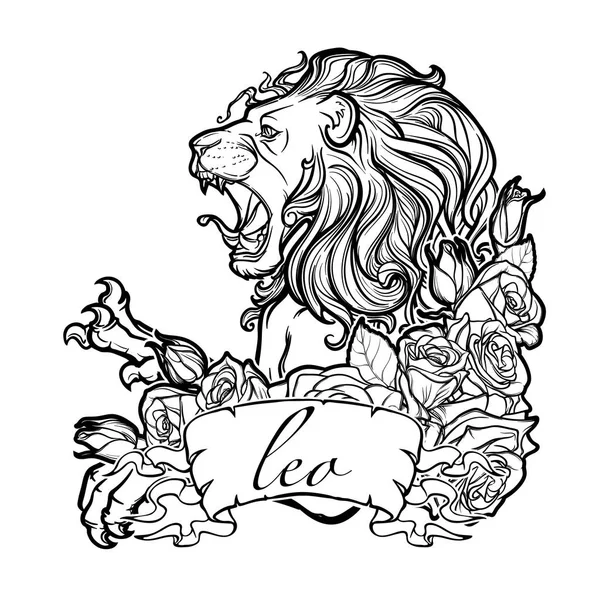 Signo del zodíaco de Leo con un marco decorativo rosas . — Vector de stock