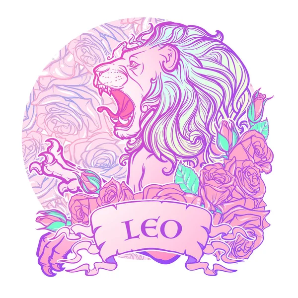 Signe du zodiaque du Lion avec un cadre décoratif roses . — Image vectorielle