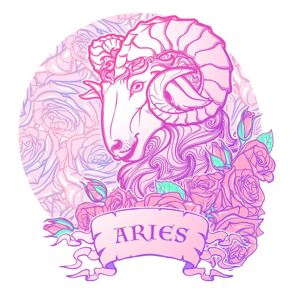 Dierenriemteken van Aries. met een decoratief frame rozen astrologie concept art. Tattoo ontwerp — Stockvector