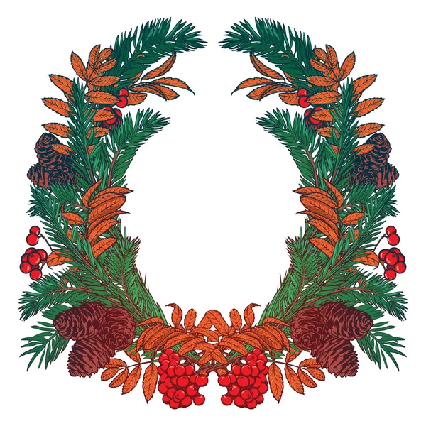 Corona dibujada a mano con bayas rojas y ramas de abeto. Marco redondo para tarjetas de Navidad diseño de invierno. Copyspace diseño vectorial — Vector de stock