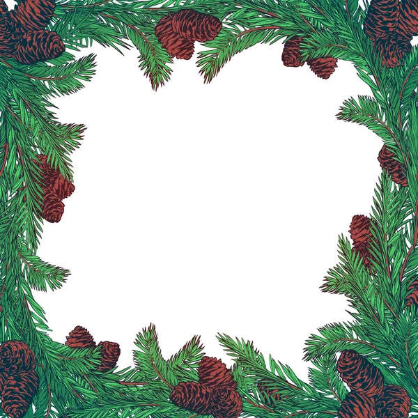 Corona dibujada a mano con ramas de abeto y conos. Marco cuadrado para tarjetas de Navidad diseño de invierno . — Vector de stock