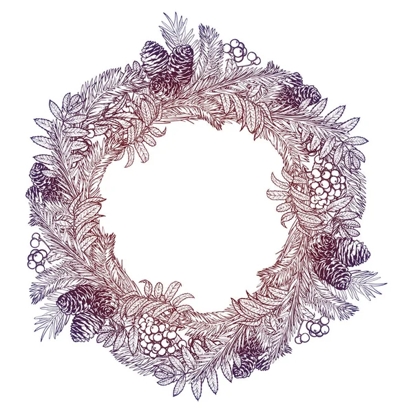 Couronne dessinée à la main avec des baies rouges et des branches de sapin. Cadre rond pour cartes de Noël design hiver. Mise en page vectorielle copyspace — Image vectorielle