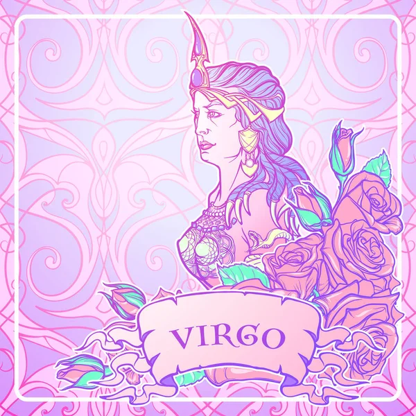 Vacker kvinna med en dekorativ blomma ram. Sömlös bakgrund. Zodiac Art Nouveau lyx stil set. Jungfrun. — Stock vektor