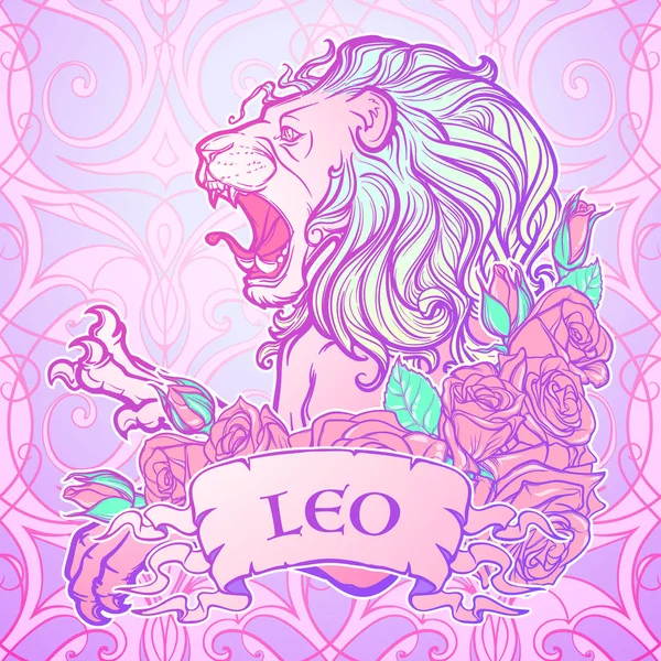 Zodiac sign of Leo with a decorative frame roses. — Stock Vector