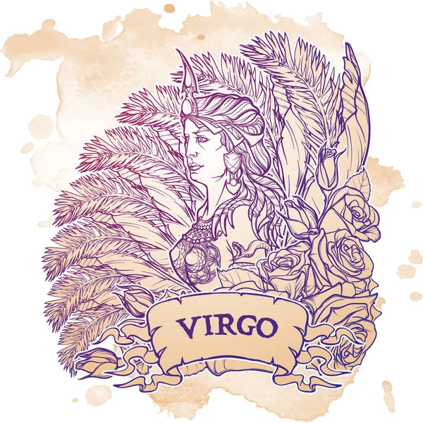 Mooie vrouw met een decoratieve bloem frame. Dierenriem Art Nouveau luxe stijlenset. Maagd. Tattoo ontwerp. Grunge achtergrond — Stockvector