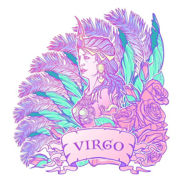 Beautiful woman with a decorative flower frame. Seamless pattern background. Zodiac Art Nouveau luxury style set. Virgo. — Stock Vector