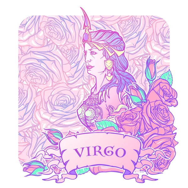 Gyönyörű nő egy dekoratív virág kerettel. Varrat nélküli mintás háttérrel nyomtatni. Állatöv Art Nouveau luxus stílus készlet. Virgo. — Stock Vector