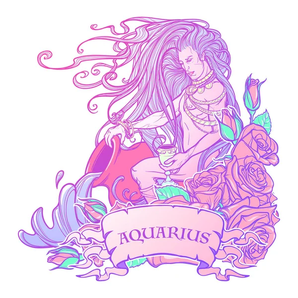 Zodiac tanda Aquarius. Pemuda tampan dengan rambut panjang memegang amphora besar. Palet gothic Pastel - Stok Vektor