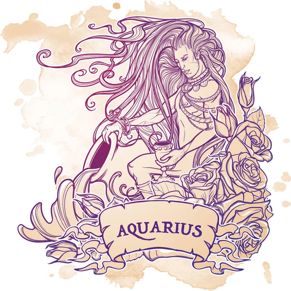 Signo del zodíaco Acuario. Hermoso joven con el pelo largo sosteniendo ánfora grande. Boceto sobre fondo grunge — Vector de stock