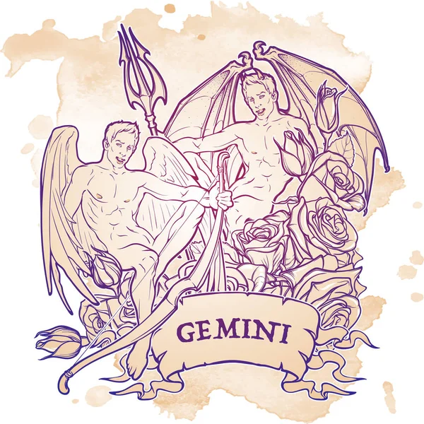 Signo del zodíaco Géminis con un marco decorativo de rosas. Bosquejo aislado sobre fondo grunge . — Vector de stock
