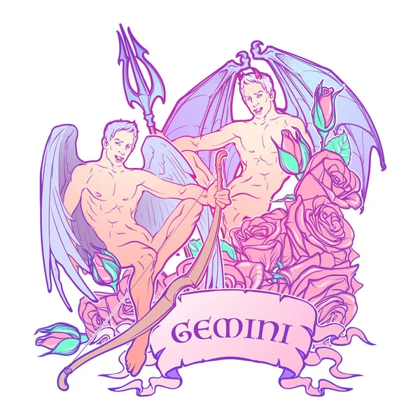 Semn zodiacal Gemeni cu un cadru decorativ de trandafiri. Schiță izolată pe fundal alb . — Vector de stoc