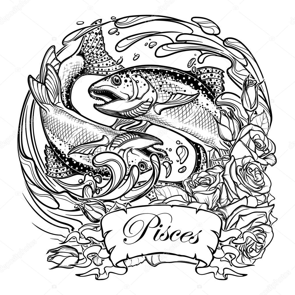 Zodiac sign - Pisces. Two fishes jumping from the water. sketch isolated on white background