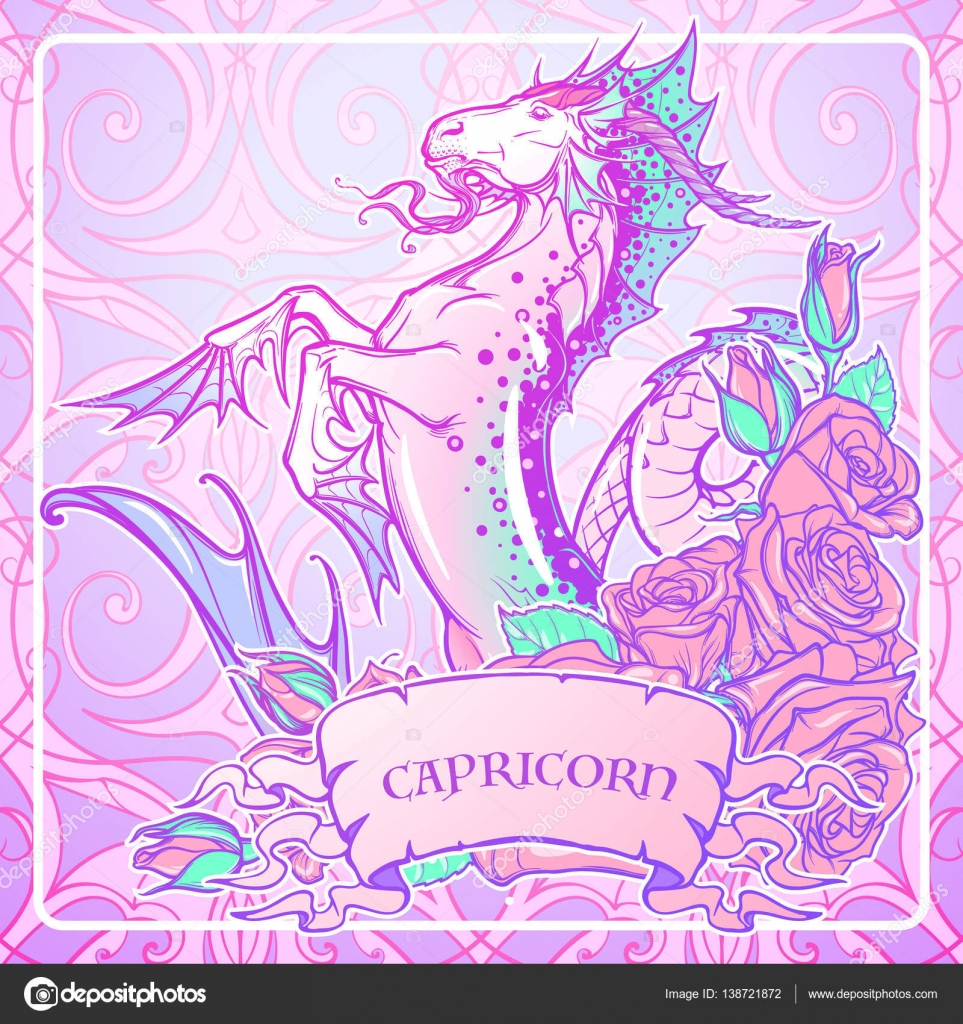 Creatura del mare fantastico con il corpo di una capra e una cornice decorativa di coda di pesce di Rose D epoca art nouveau style concept art per Oroscopo