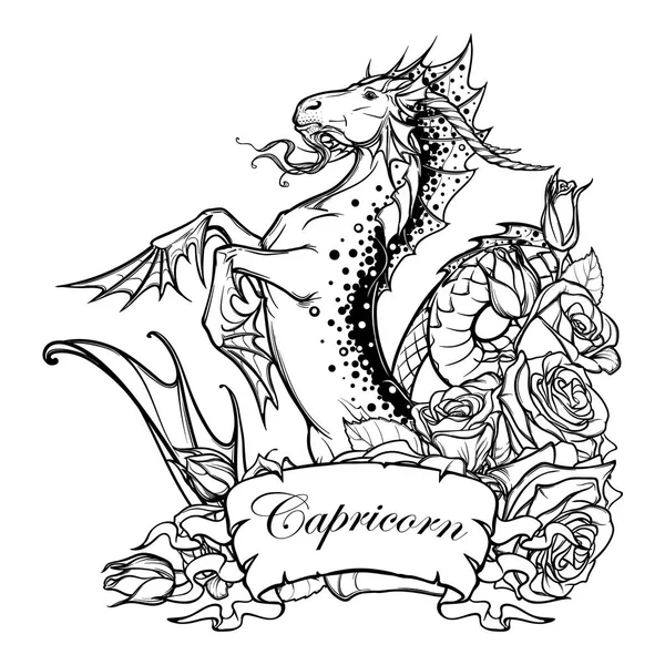 Tanda zodiak Capricorn. Sketsa BW - Stok Vektor