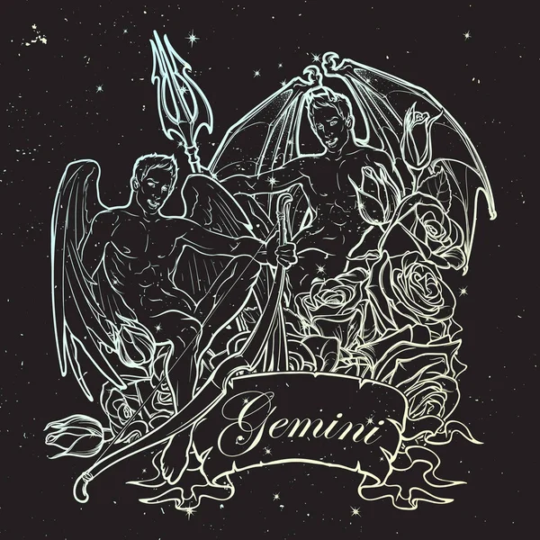 Gémeaux signe du zodiaque avec un cadre décoratif de roses. Ciel nocturne — Image vectorielle
