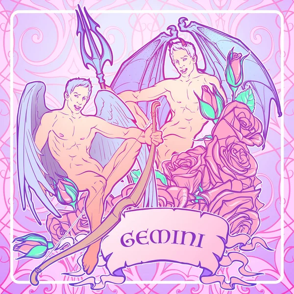 Gemini Csillagjegy Rózsa dekoratív kerettel. Vázlat elszigetelt fehér background. — Stock Vector