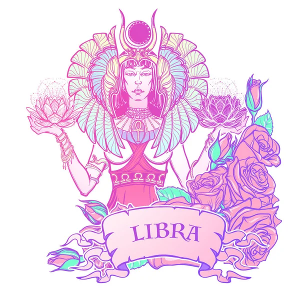 Illustration of libra zodiac sign as a beautiful Egyptian Goddess. Vector . — Stock Vector