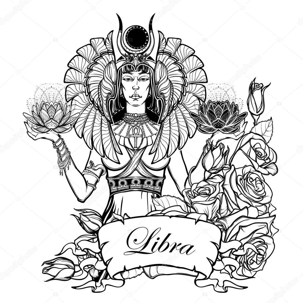 Illustration of libra zodiac sign as a beautiful Egyptian Goddess. Vector .