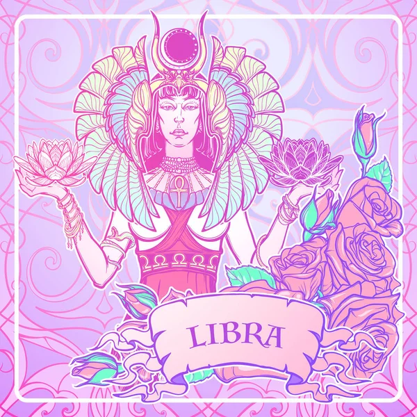 Ilustracja libra znak zodiaku jako piękna Egipska bogini. Wektor . — Wektor stockowy