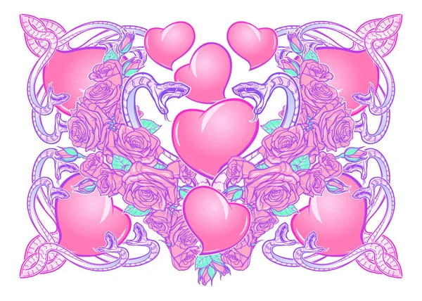 Rosas corazones y serpientes dispuestas en un patrón cuadrado. San Valentín diseño festivo — Vector de stock