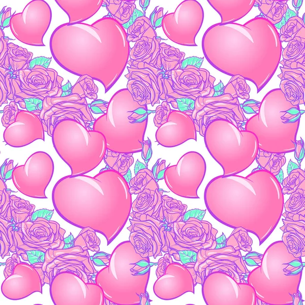 Розы и сердца День святого Валентина праздничный бесшовный узор — стоковый вектор
