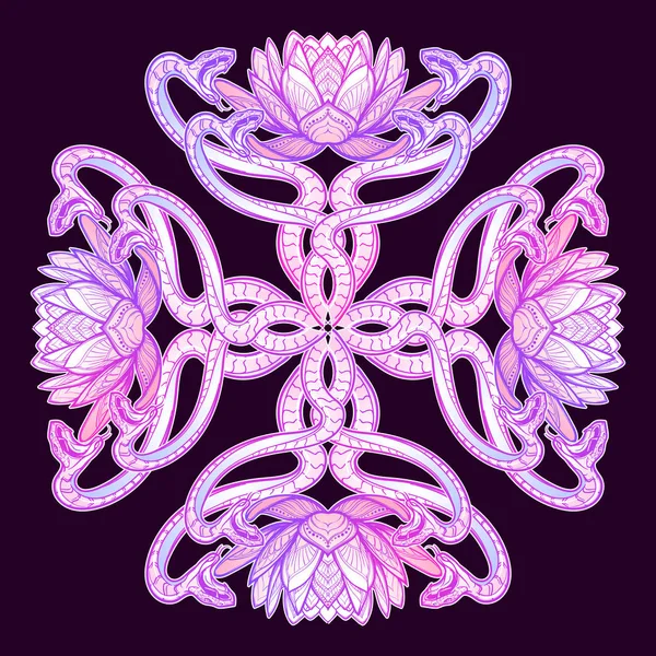 Lotosové květy a hadi v složitý kříž vzorek tvaru izolované na černém pozadí. — Stockový vektor