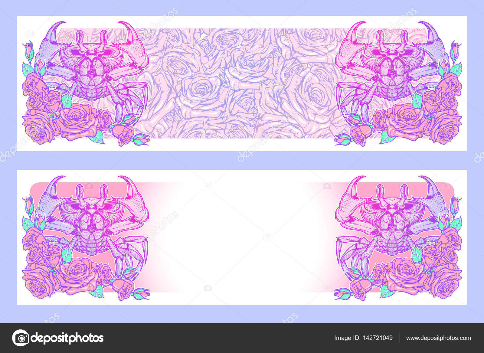 Preciso disegno simmetrico della spiaggia di granchio con una cornice di Rose Concept art per tatuaggio Oroscopo Libro da colorare