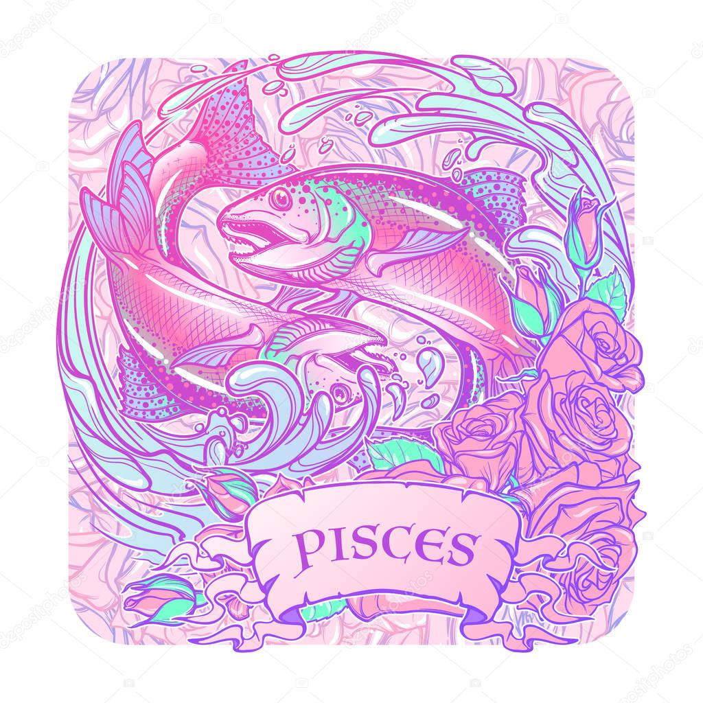 Zodiac sign - Pisces. Two fishes jumping from the water