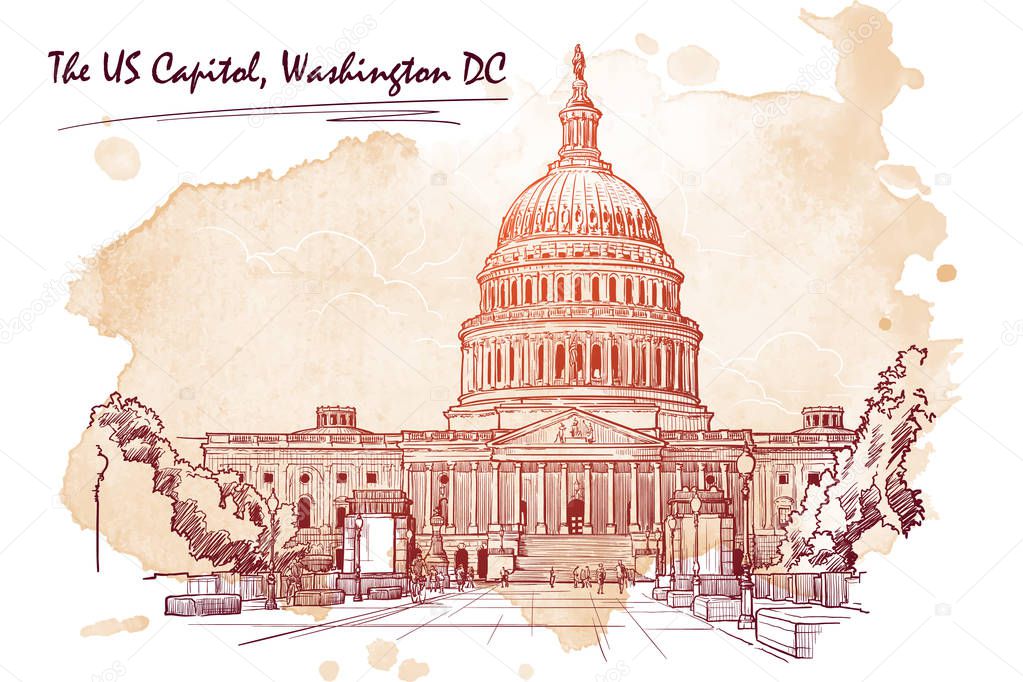 Panorama of the US Capitol. Sketch on grunge spot. EPS10 vector illustration.
