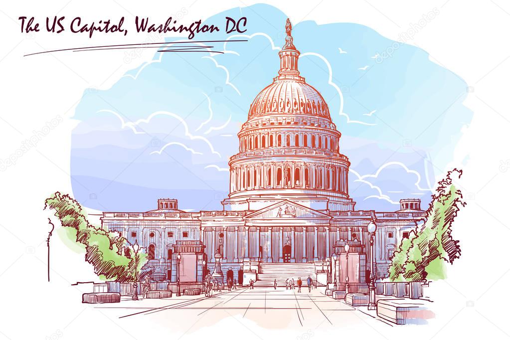 Panorama of the US Capitol. Painted Sketch isolated on white background. EPS10 vector illustration.