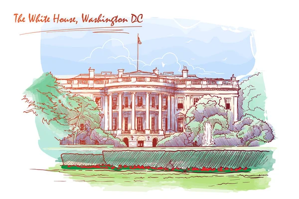 Panorama de la Casa Blanca. Bosquejo pintado aislado sobre fondo blanco. Ilustración vectorial EPS10 . — Vector de stock