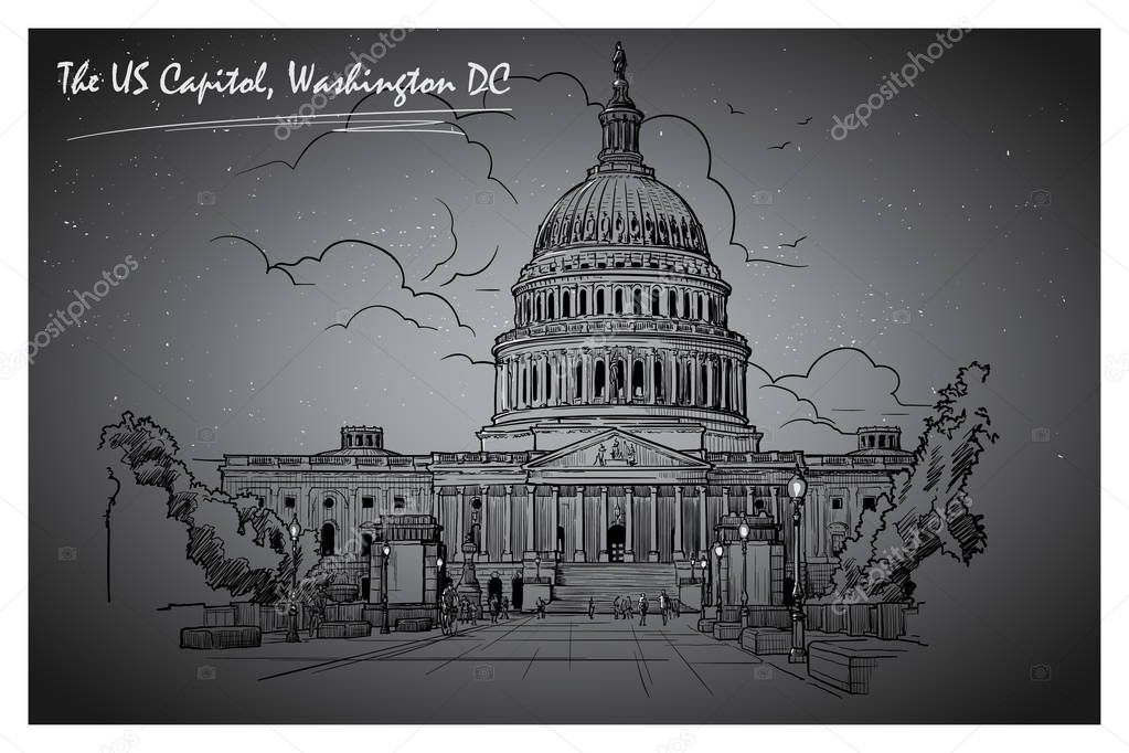 Panorama of the US Capitol at night. EPS10 vector illustration.