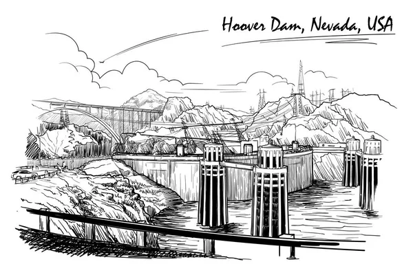 Hoover Dam splendida vista panoramica. Disegno a mano lineare in bianco e nero. Stile schizzo . — Vettoriale Stock