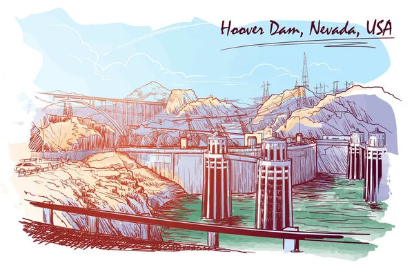 Hoover Dam impresionante vista panorámica Bosquejo dibujado y pintado digitalmente para dar sensación de pintura de acuarela . — Vector de stock