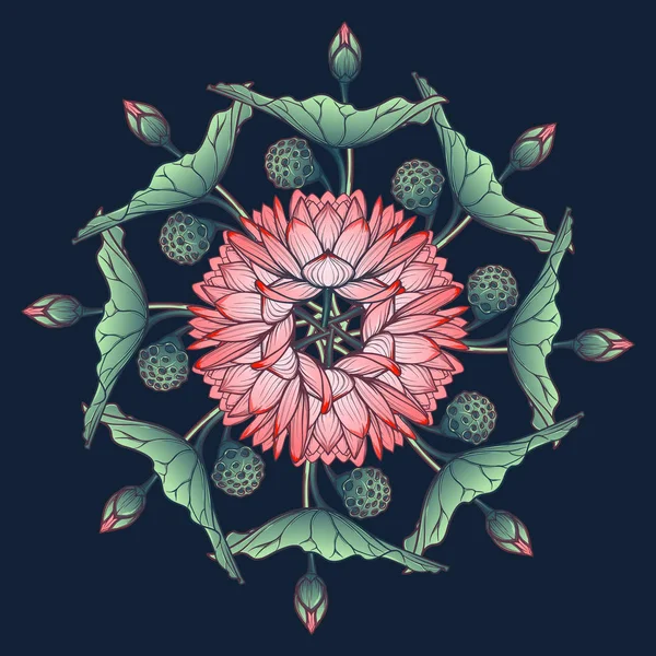 Lotus-Hintergrund. Blumenschmuck. Seerosen in kreisförmigem Kranz auf tiefblauem Hintergrund — Stockvektor
