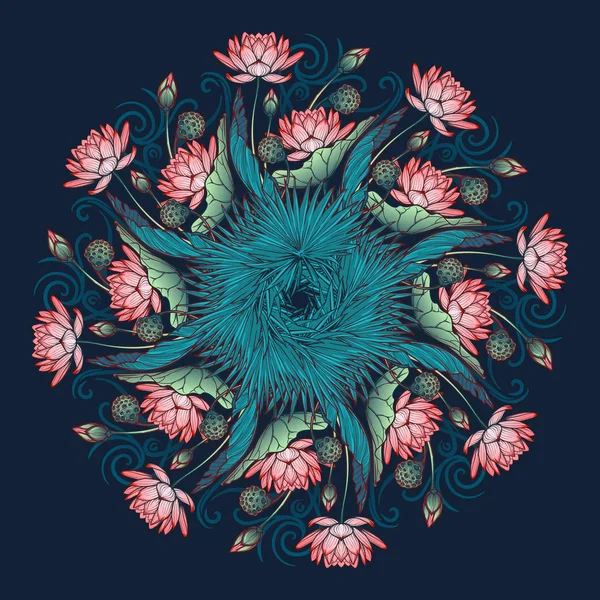 Lotus background. Floral decorative ornament. Water lilies palm tree and banana leaves arrenged in circular wreath isolated on deep blue background. — Stock Vector